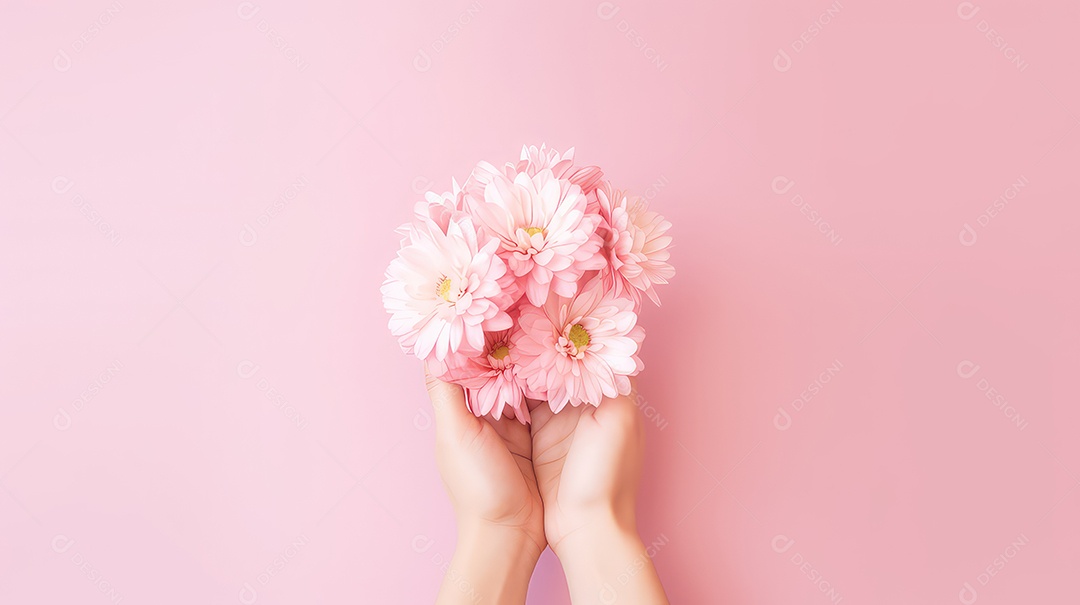 Mãos femininas segurando flores rosas em um fundo rosa