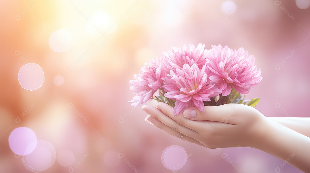 Mão de mulher segurando buquê de flores rosas em fundo bokeh