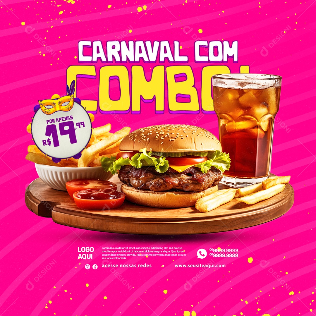 Lanchonete Carnaval com Combo Hambúrguer Batata e Refrigerante Social Media PSD Editável