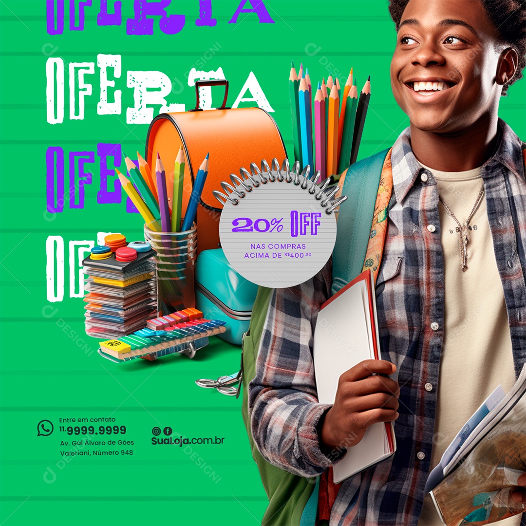 Volta às Aulas Papelaria Oferta 20% Off nas Compras Social Media PSD Editável