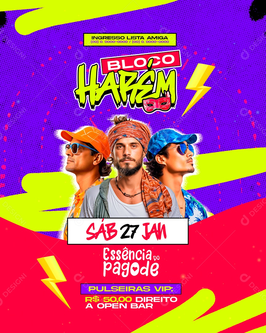 Flyer Carnaval Bloco Harém Essência Do Pagode Social Media PSD Editável