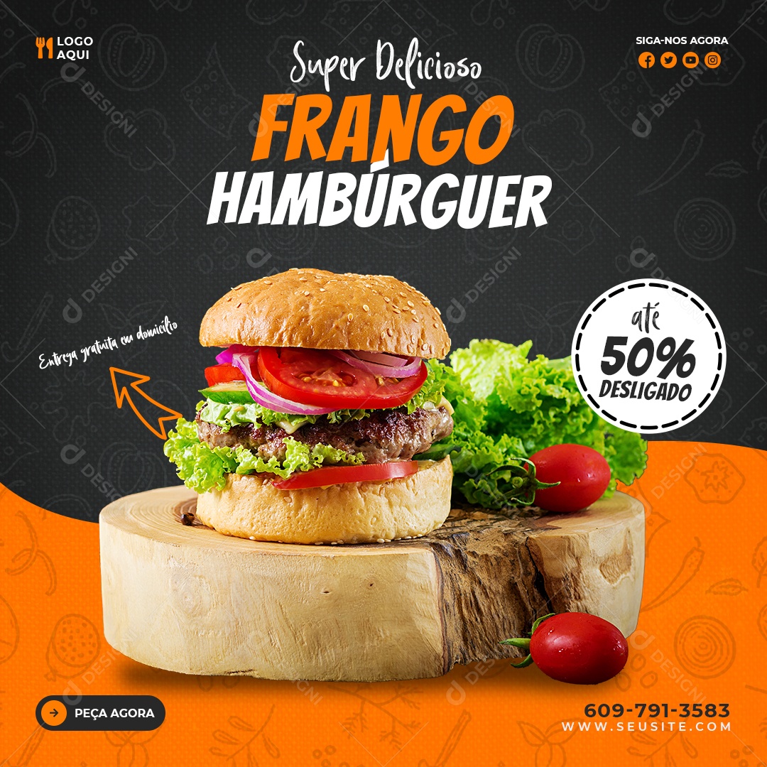 Super Delicioso Frango Hambúrguer Social Media PSD Editável