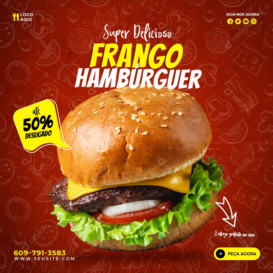 Social Media Super Delicioso Frango Hamburguer PSD Editável