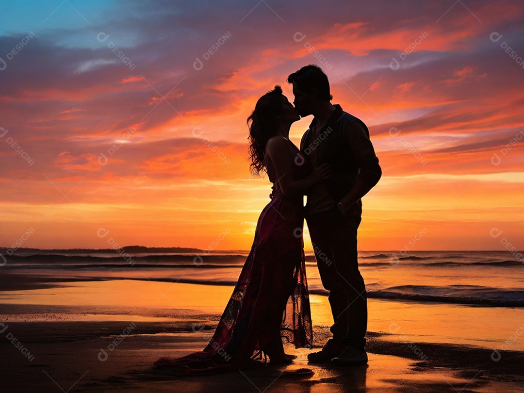 Casal se beijando sobre fundo de céu com pôr do sol na praia