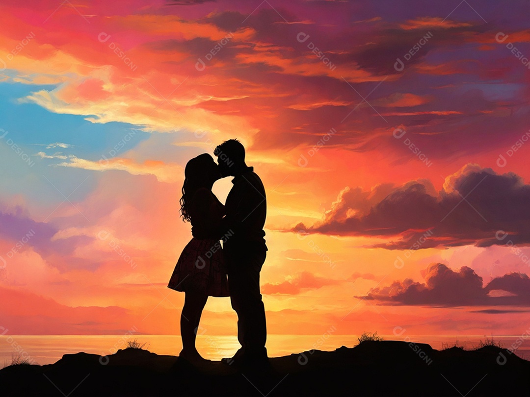 Um casal apaixonado se amando contra pôr do sol colorido