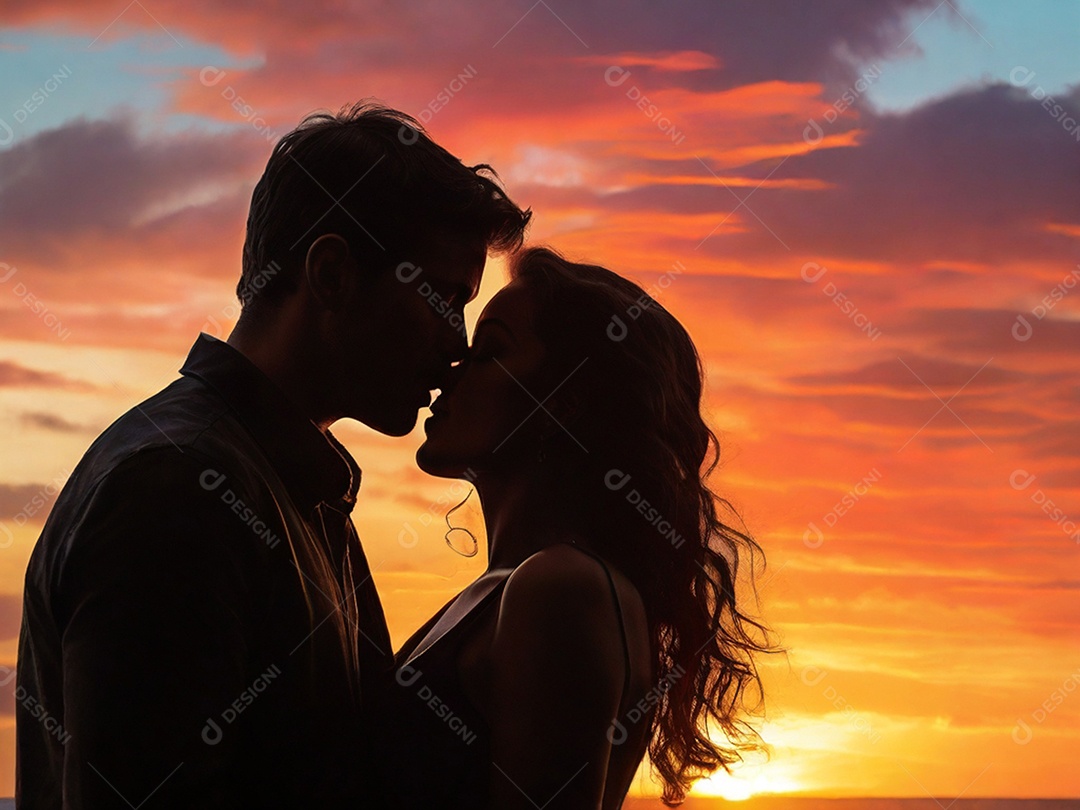 Um casal se beijando contra um pôr do sol colorido