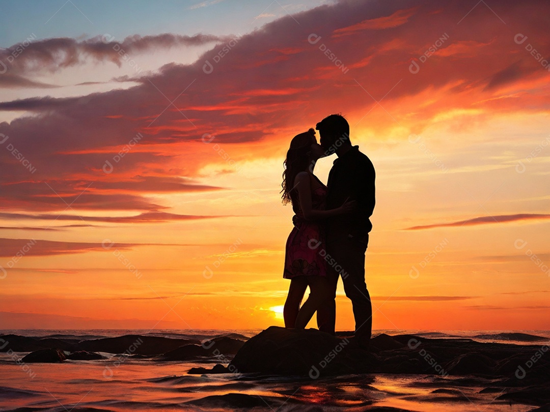 Um casal se beijando contra um pôr do sol colorido em praia