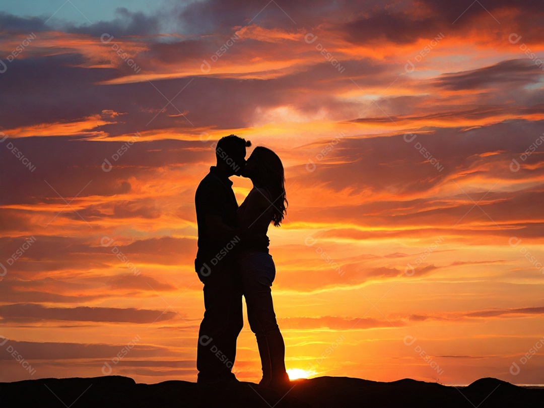 Um casal se beijando contra um pôr do sol colorido