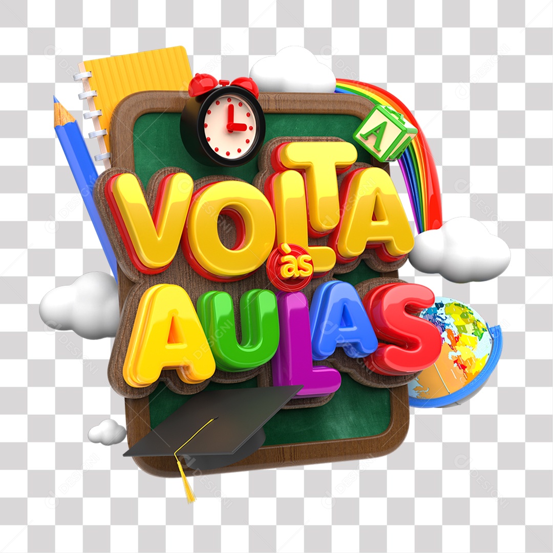 Volta às Aulas Selo 3D Colorido para Composição PNG Transparente
