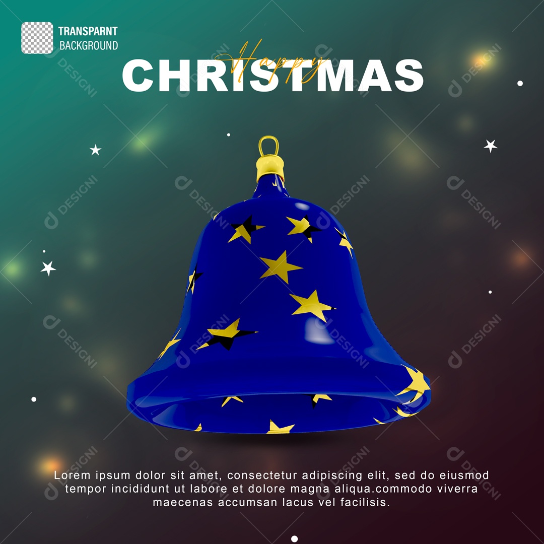 Sino de Natal Elemento 3D Azul Amarelo para Composição PSD