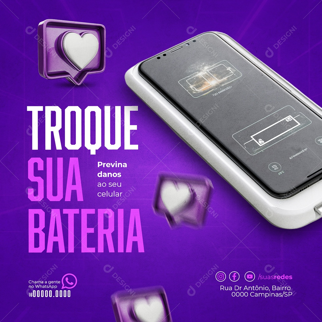 Manutenção De Celulares Troque sua Bateria Previna danos ao seu celular Social Media PSD Editável