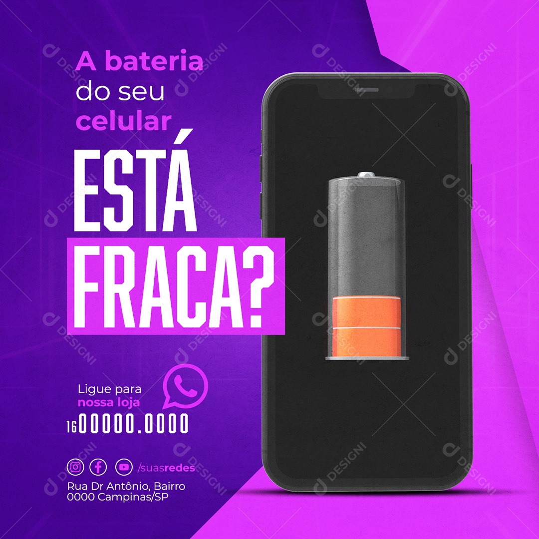 Manutenção De Celulares A bateria do sue celular Está Fraca Social Media PSD Editável