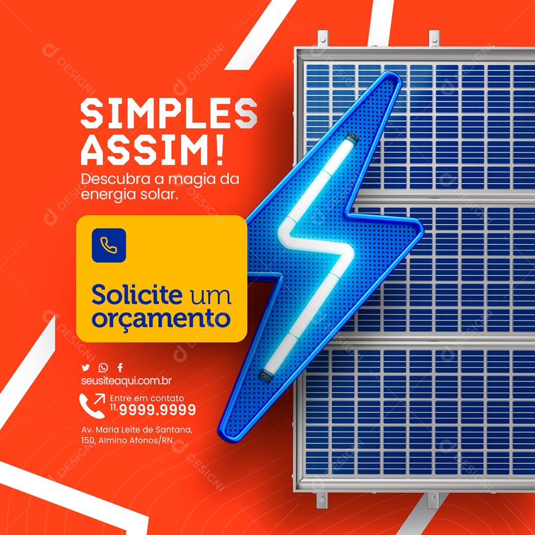 Energia Solar Simples Assim Descubra a magia da energia solar Solicite um orçamento Social Media PSD Editável