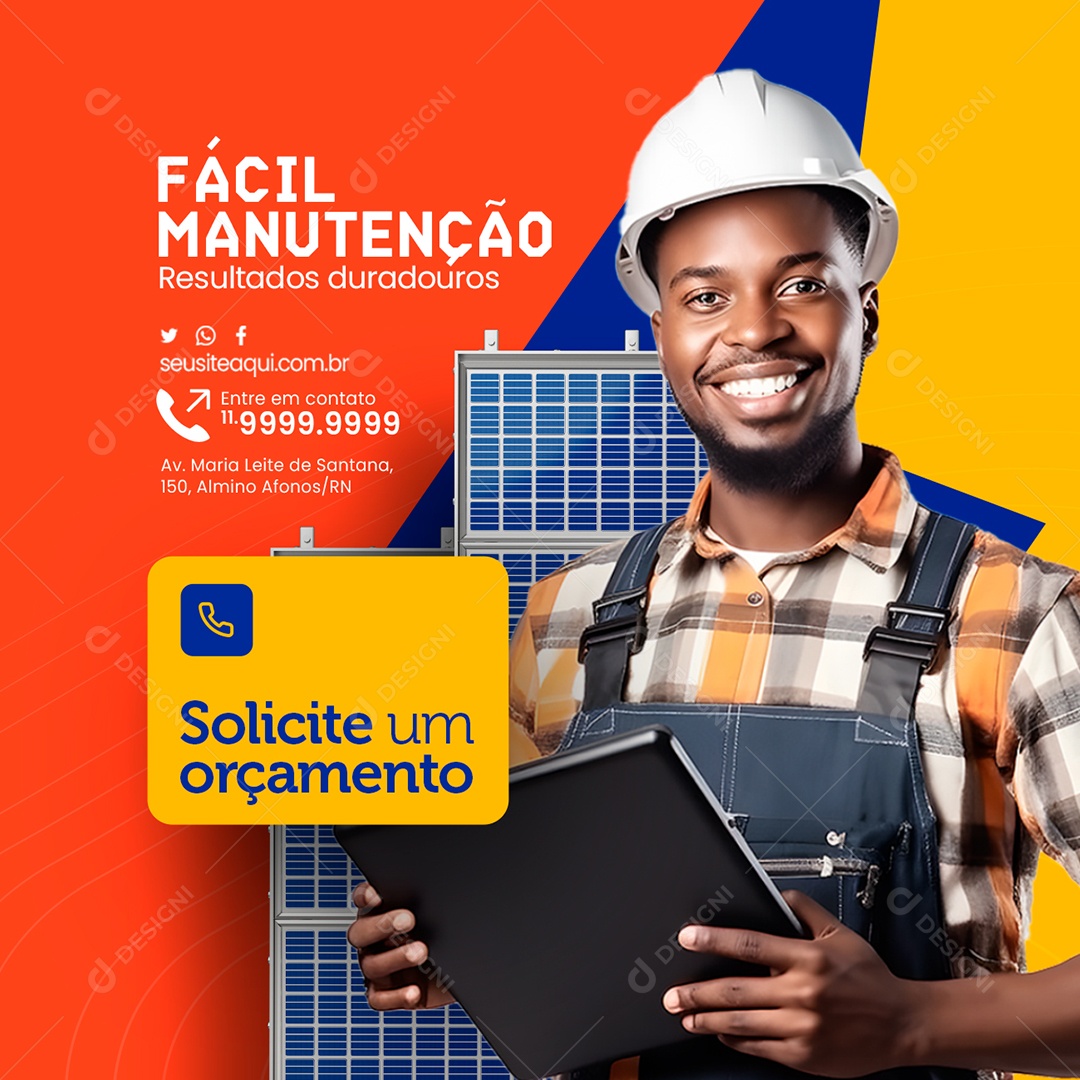 Energia Solar Fácil Manutenção Resultados duradouros Solicite um orçamento Social Media PSD Editável