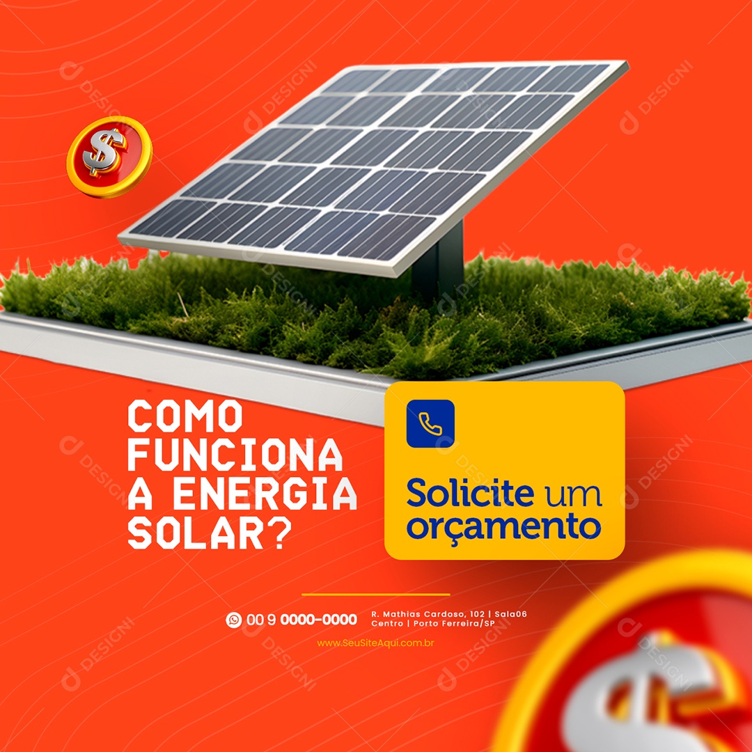 Energia Solar Como Funciona Solicite um orçamento Social Media PSD Editável