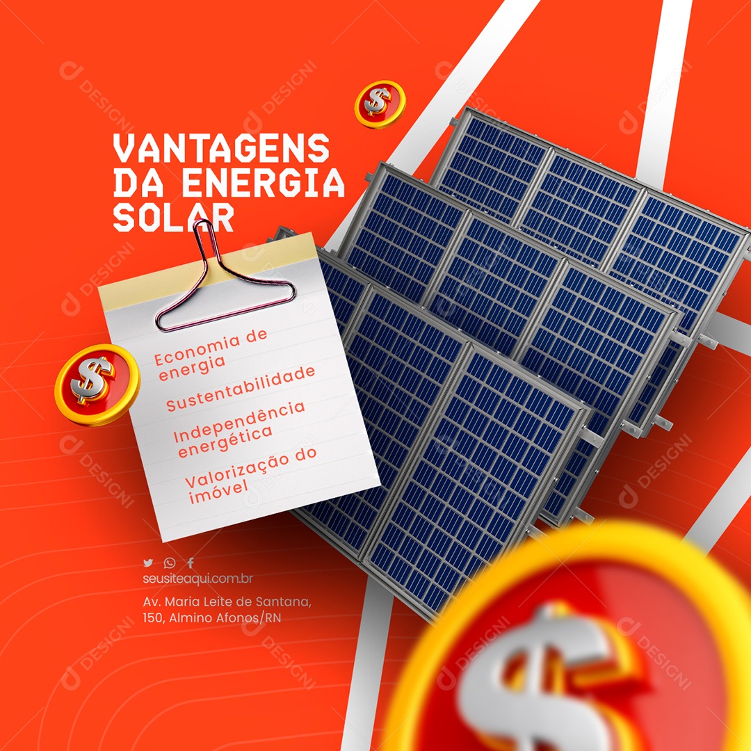 Energia Solar Vantagens Economia Sustentabilidade Valorização do Imóvel Social Media PSD Editável