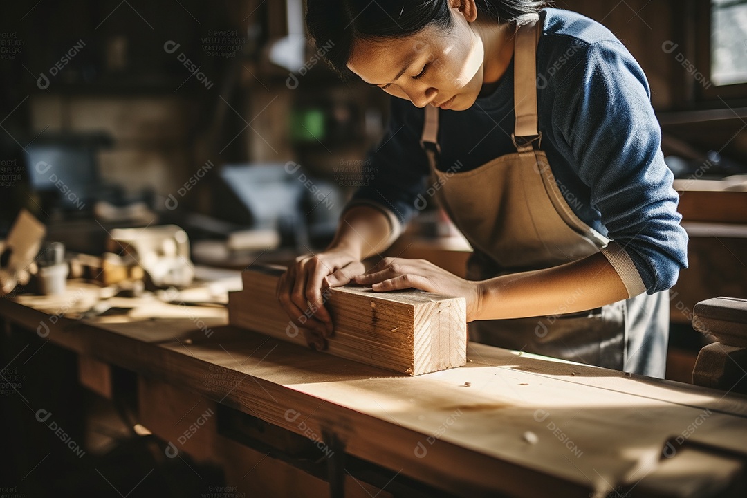 Uma Mulher  carpinteira confeccionando uma mesa de madeira