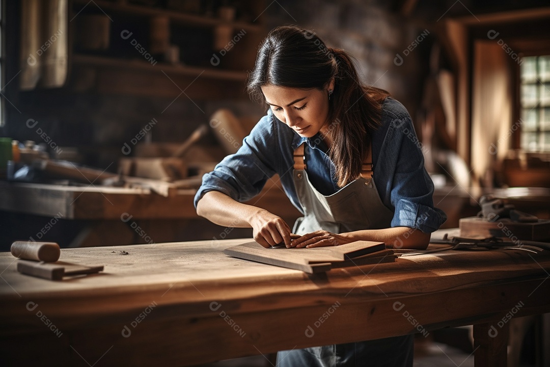 Uma Mulher carpinteira confeccionando uma mesa de madeira