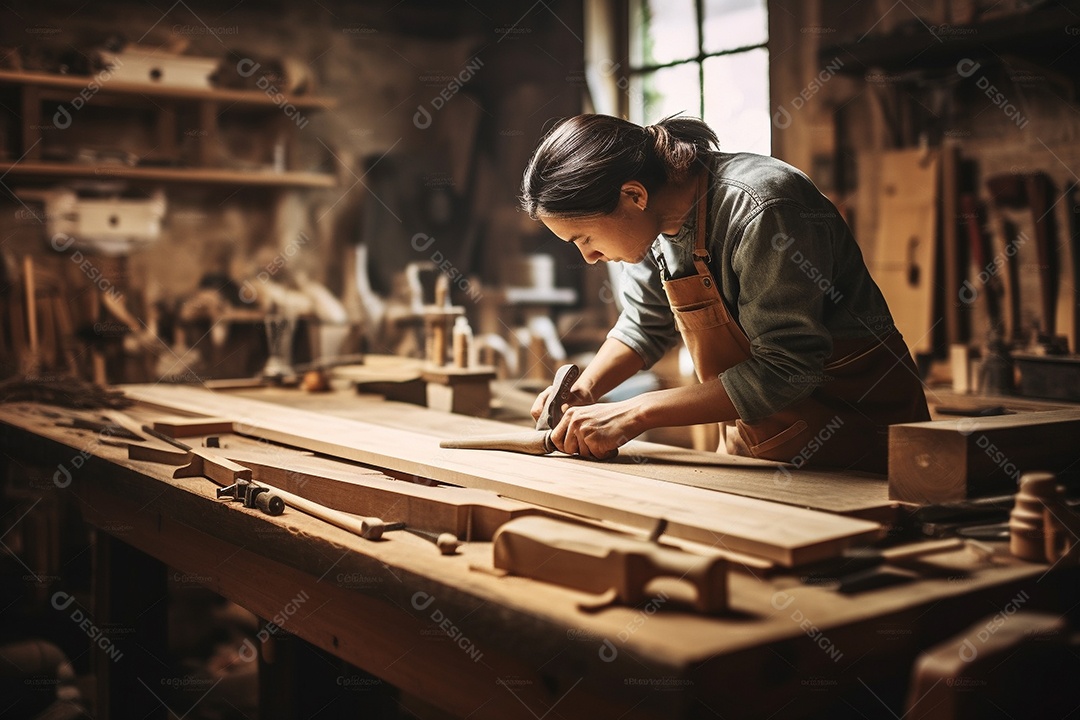 Um carpinteiro confeccionando uma mesa de madeira