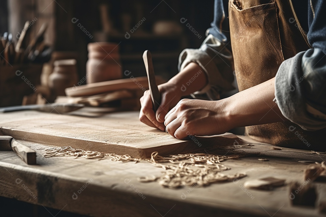 Um carpinteiro confeccionando uma mesa de madeira