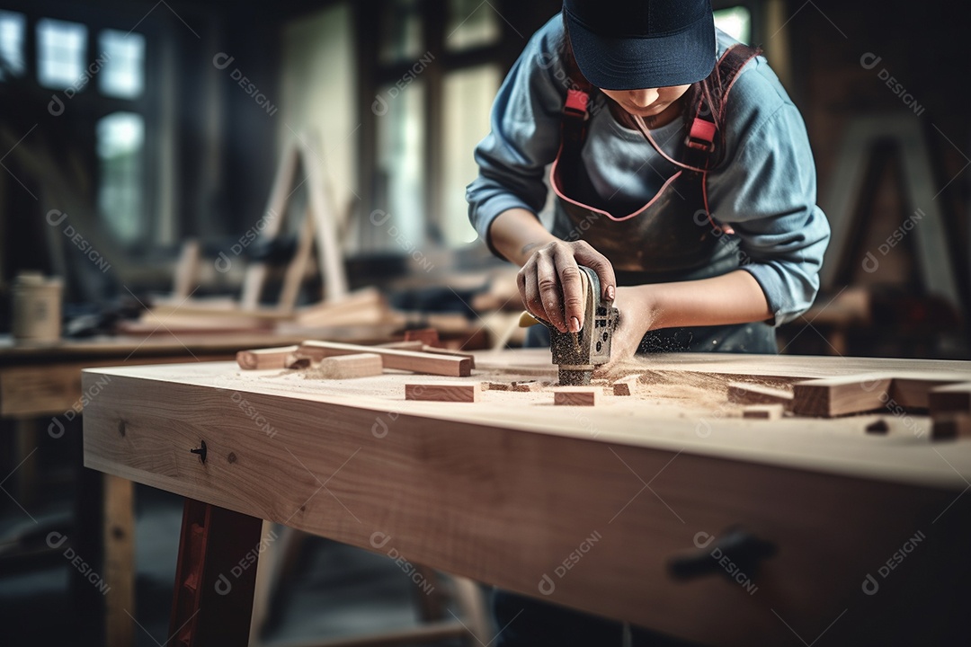 Um carpinteiro confeccionando uma mesa de madeira