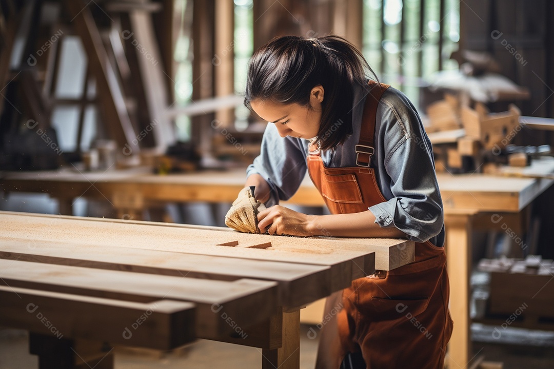 Um carpinteiro confeccionando uma mesa de madeira