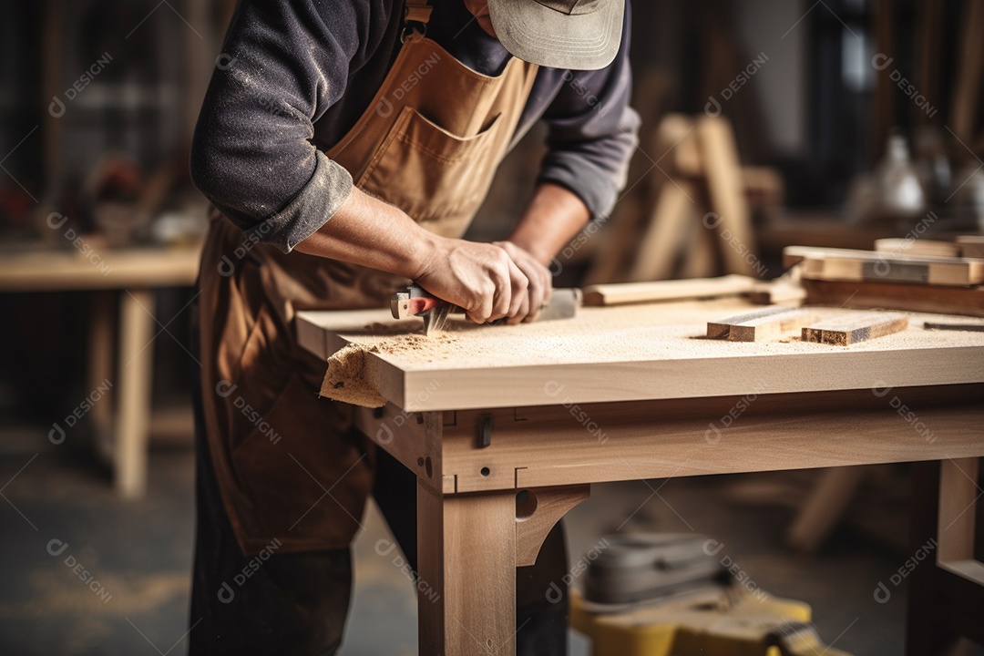 Um carpinteiro confeccionando uma mesa de madeira