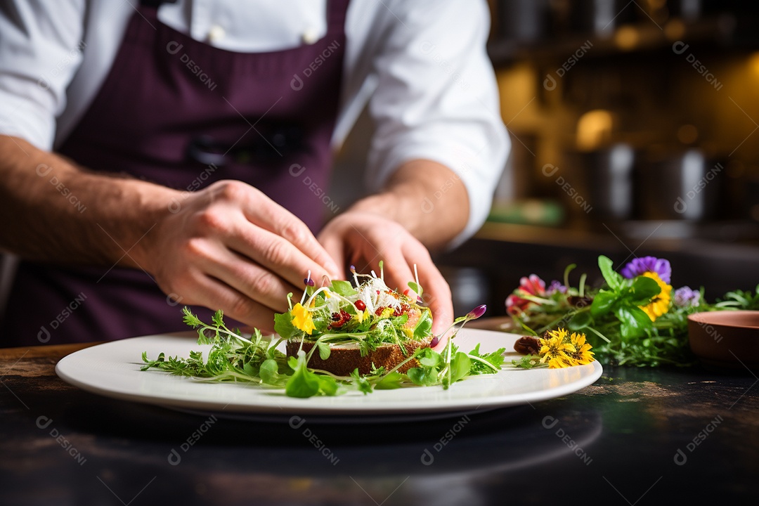 Um chef decorando um prato gourmet com ervas frescas