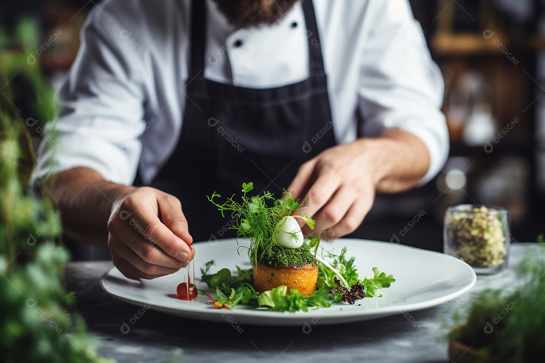 Um chef decorando um prato gourmet com ervas frescas