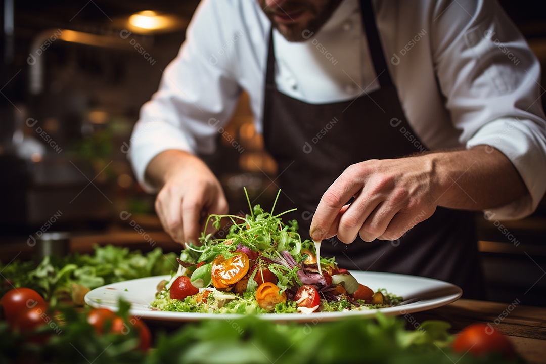 Um chef decorando um prato gourmet com ervas frescas