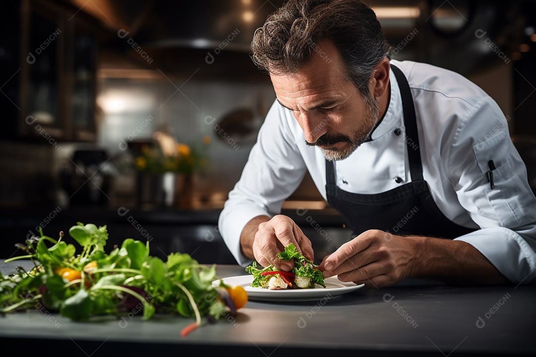 Um chef decorando um prato gourmet com ervas frescas