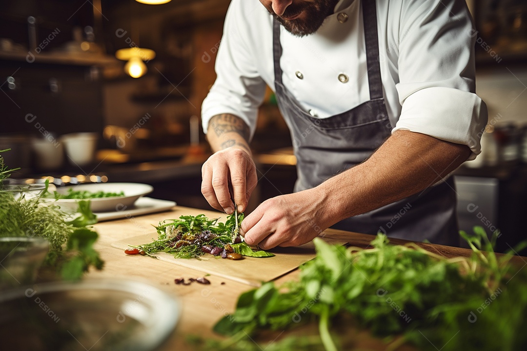 Um chef decorando um prato gourmet com ervas frescas