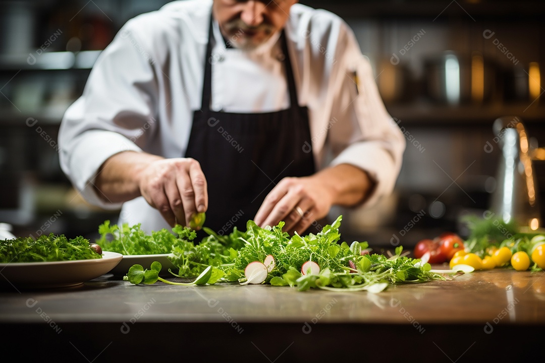 Um chef decorando um prato gourmet com ervas frescas