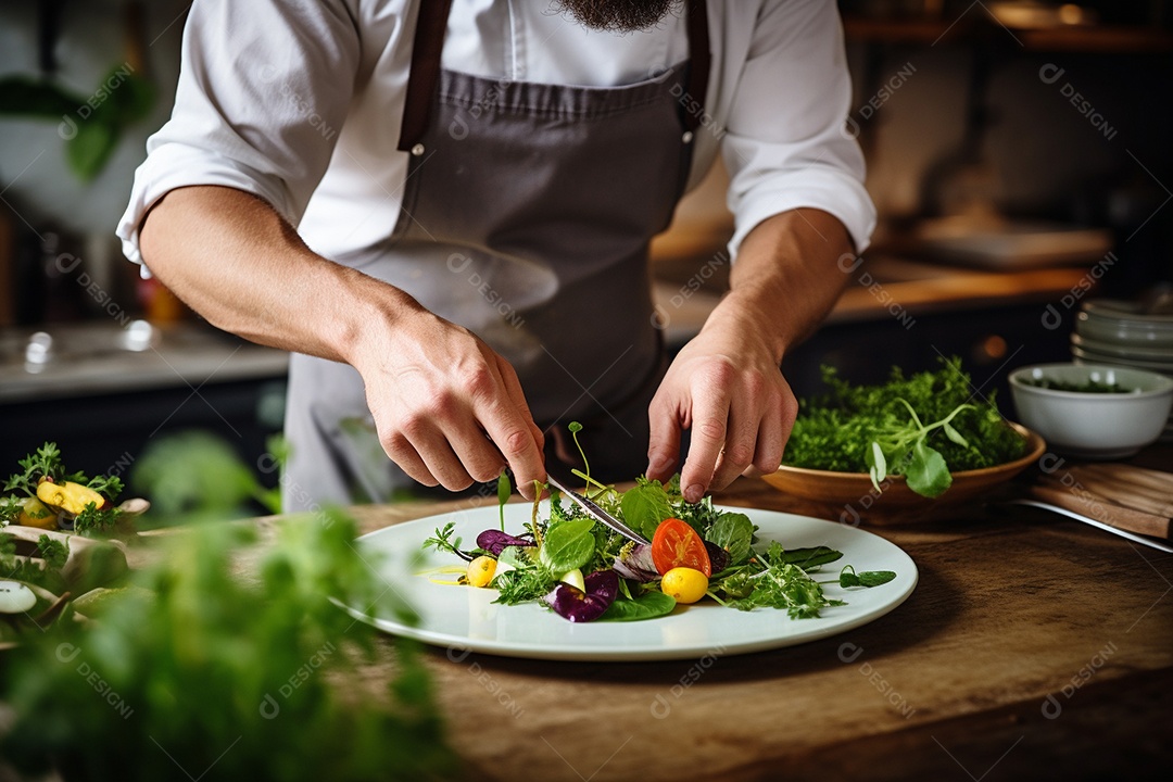Um chef decorando um prato gourmet com ervas frescas