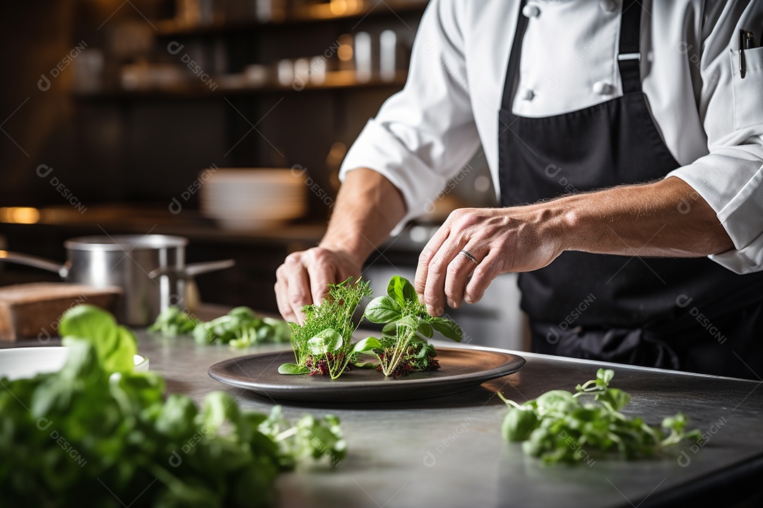 Um chef decorando um prato gourmet com ervas frescas