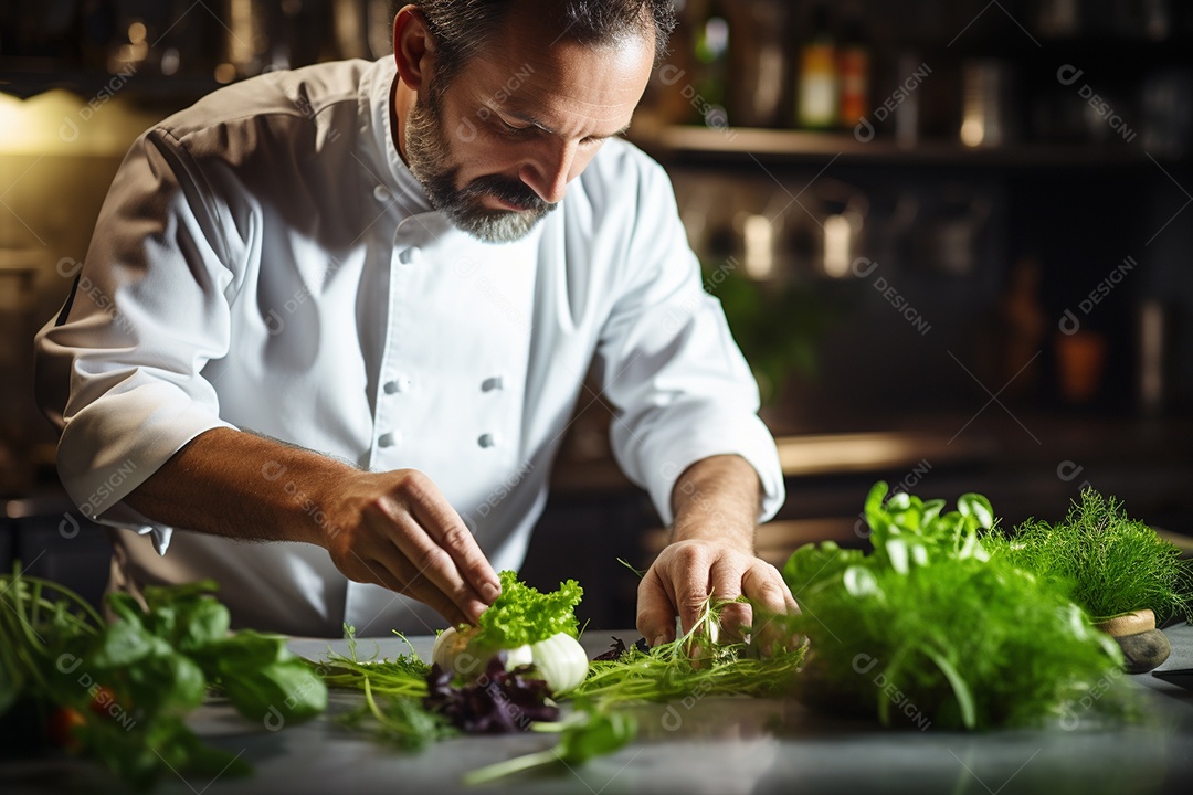 Um chef decorando um prato gourmet com ervas frescas