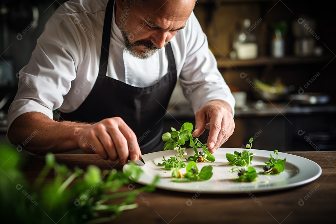 Um chef decorando um prato gourmet com ervas frescas
