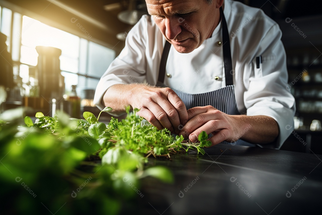 Um chef decorando um prato gourmet com ervas frescas