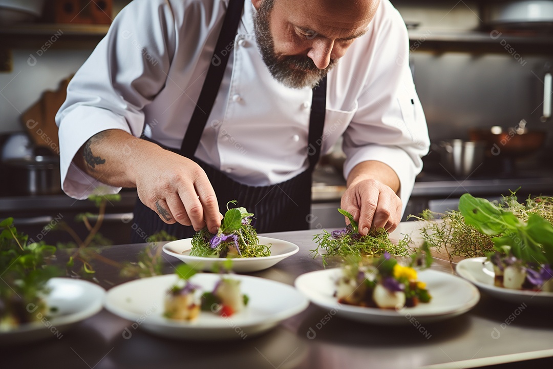 Um chef decorando um prato gourmet com ervas frescas
