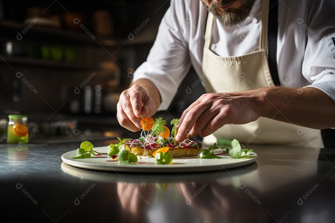Um chef decorando um prato gourmet com ervas frescas