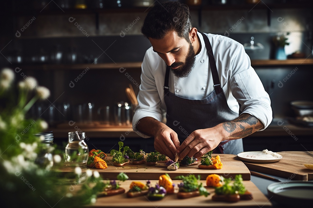Um chef decorando um prato gourmet com ervas frescas