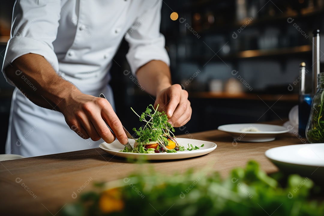 Um chef decorando um prato gourmet com ervas frescas