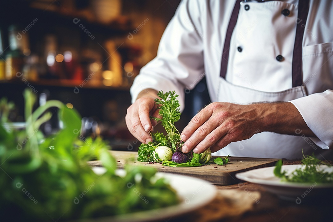 Um chef decorando um prato gourmet com ervas frescas
