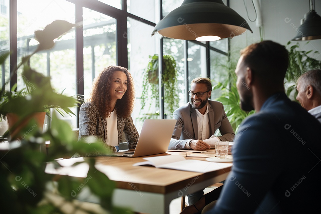 Uma equipe de negócios diversificada em uma reunião de brainstorming em um escritório moderno e bem iluminado