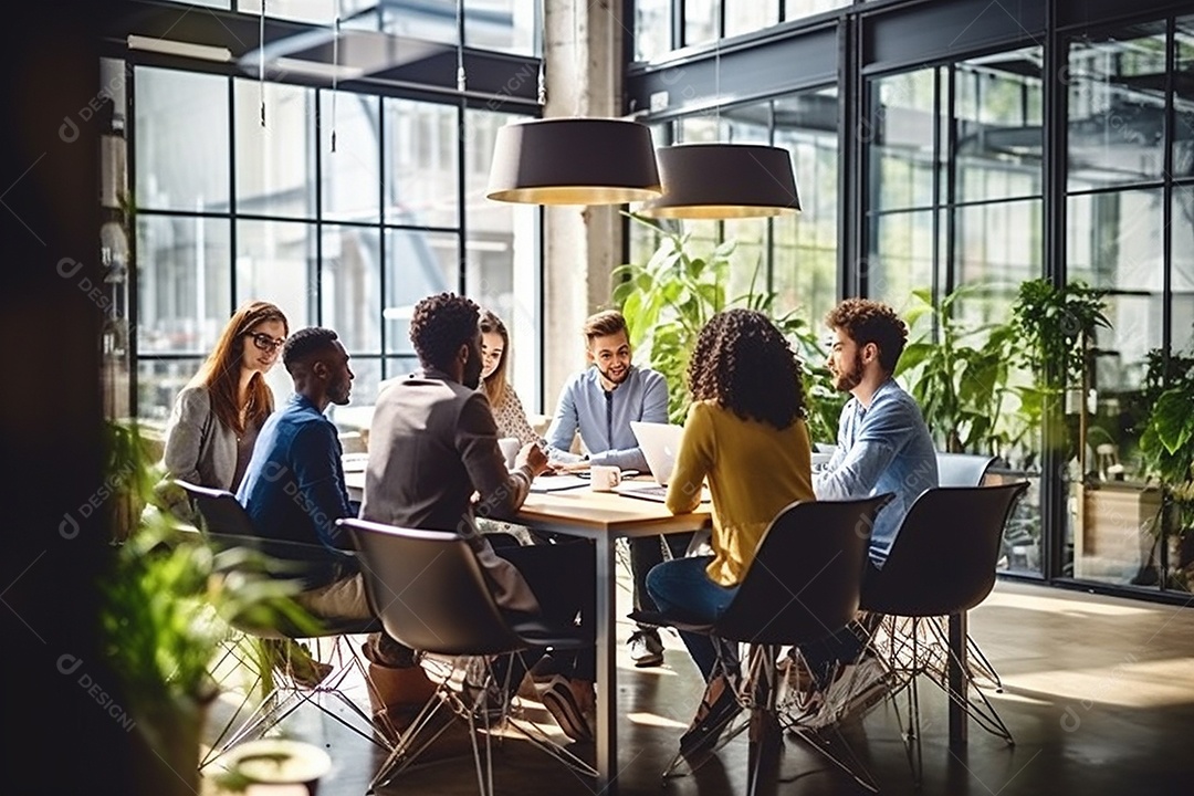 Uma equipe de negócios diversificada em uma reunião de brainstorming em um escritório moderno e bem iluminado