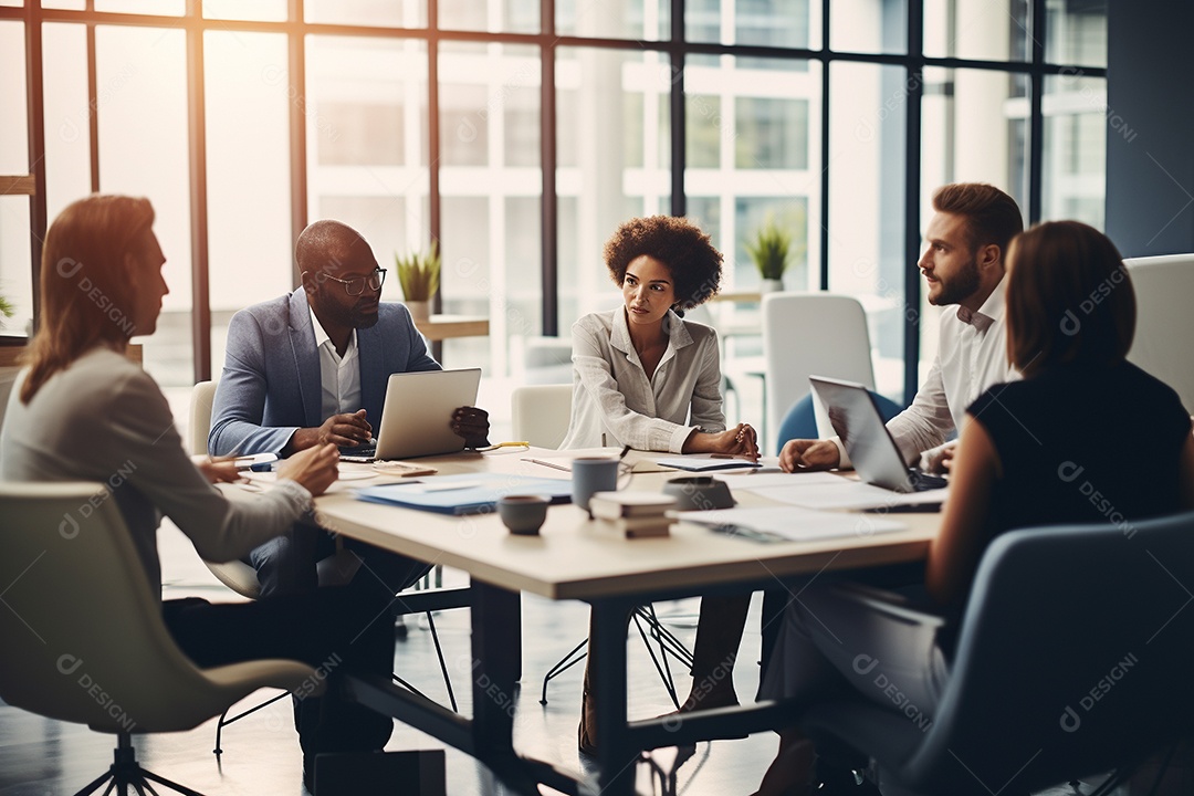 Uma equipe de negócios diversificada em uma reunião de brainstorming em um escritório moderno e bem iluminado