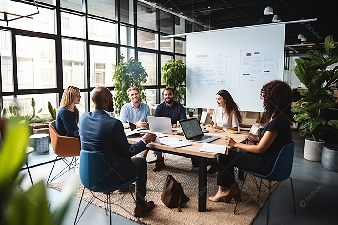 Uma equipe de negócios diversificada em uma reunião de brainstorming em um escritório moderno e bem iluminado