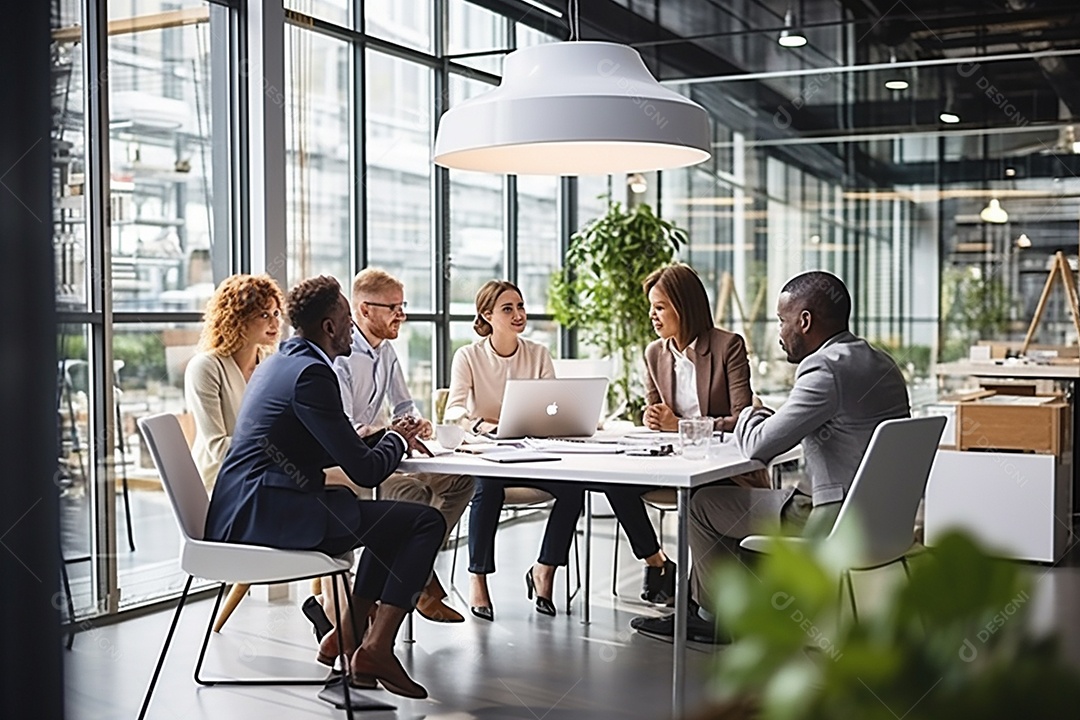 Uma equipe de negócios diversificada em uma reunião de brainstorming em um escritório moderno e bem iluminado