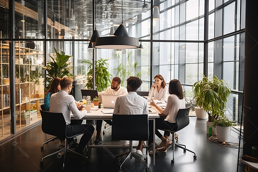 Uma equipe de negócios diversificada em uma reunião de brainstorming em um escritório moderno e bem iluminado