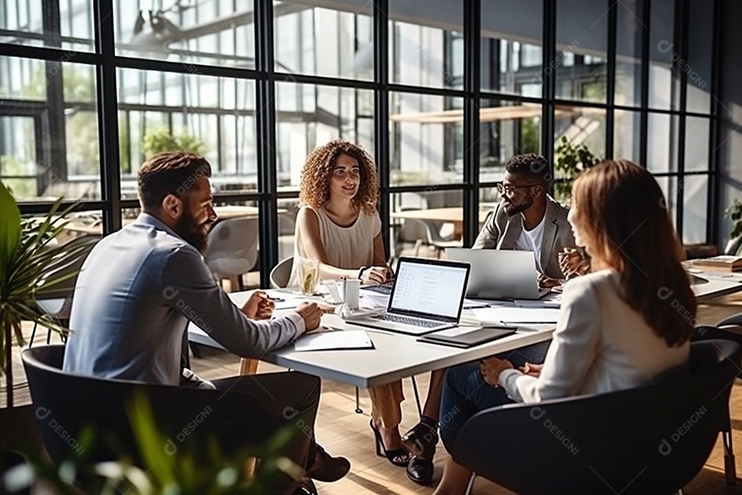 Uma equipe de negócios diversificada em uma reunião de brainstorming em um escritório moderno e bem iluminado